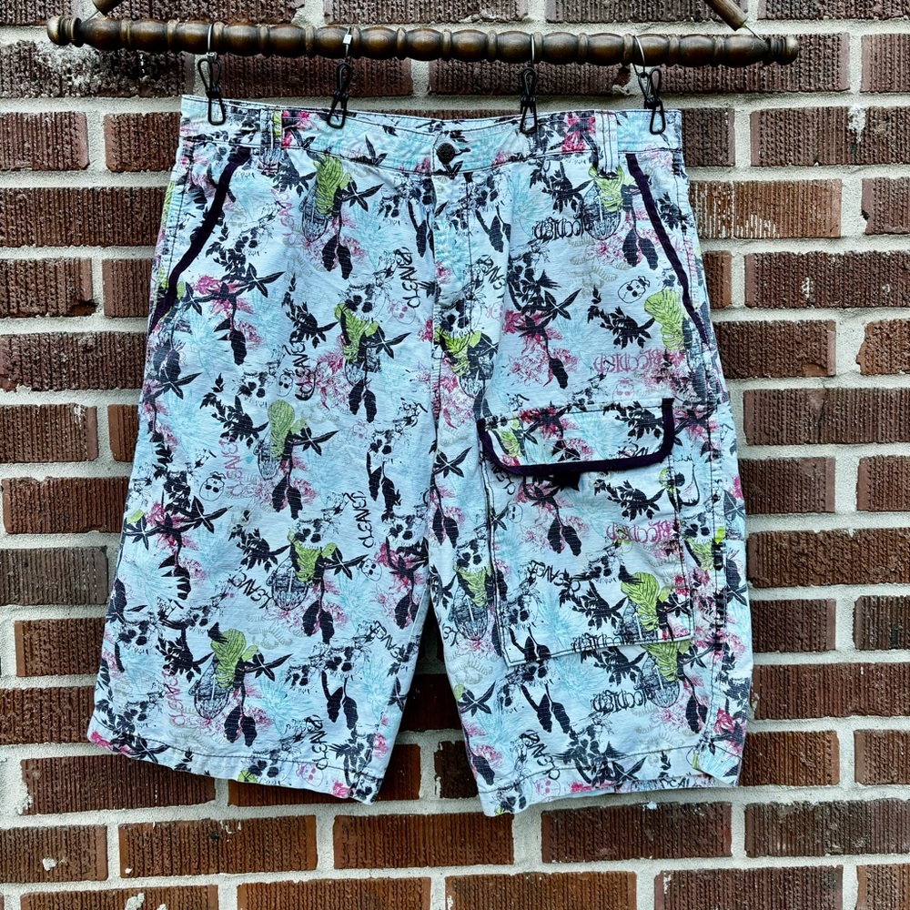 Artful Dodger Y2K Grunge Baggy Cotton white Skulls Tropical print Shorts Sz 36